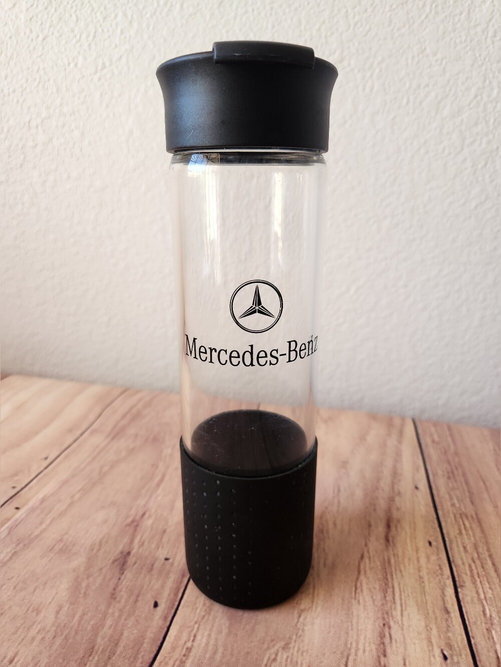 Official Mercedes-Benz Borosilicate Glass Water Bottle - Black Silicone Base